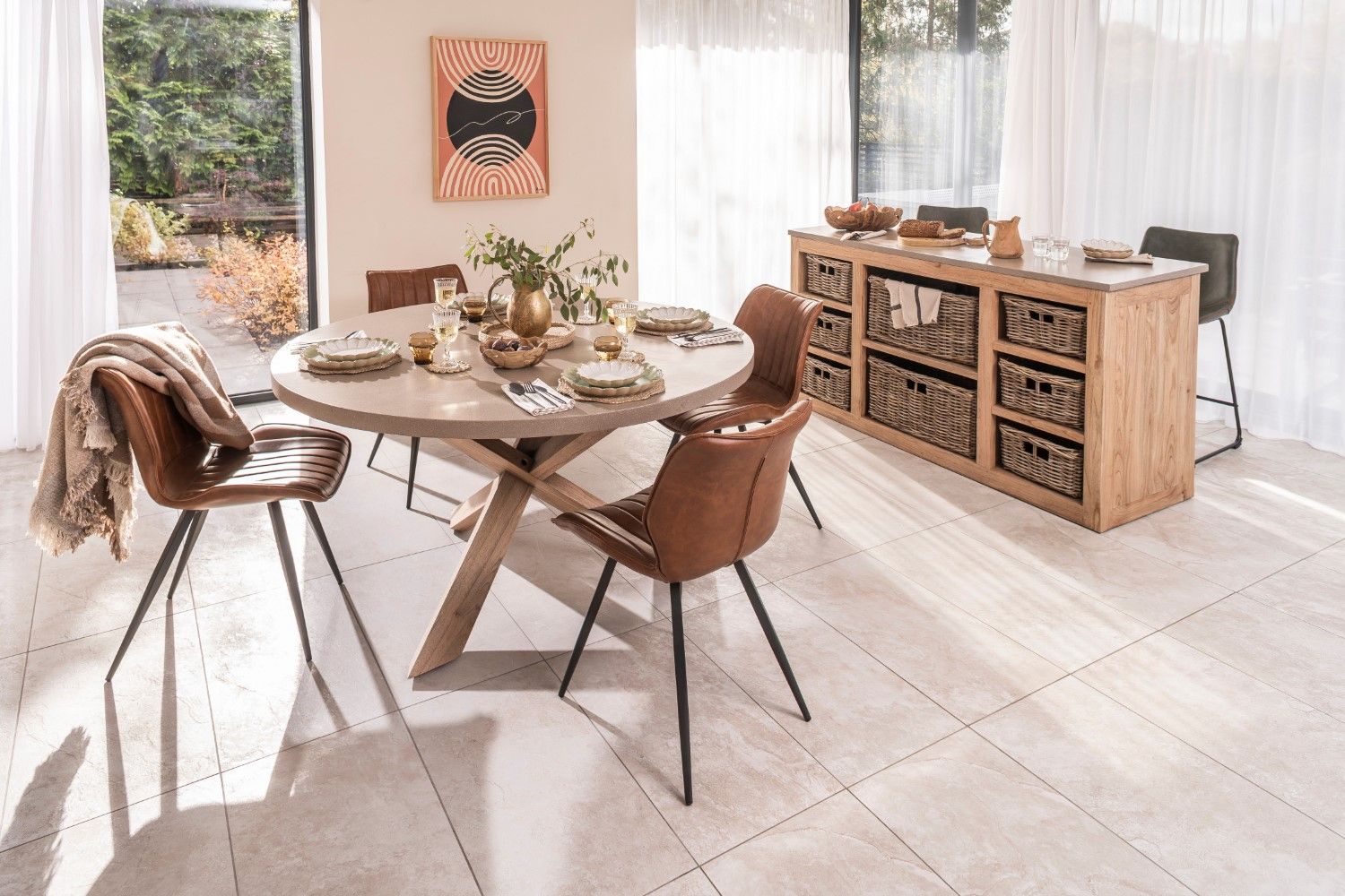 Modern Oatmeal Oak 4 Seater Round Dining Table 150cm