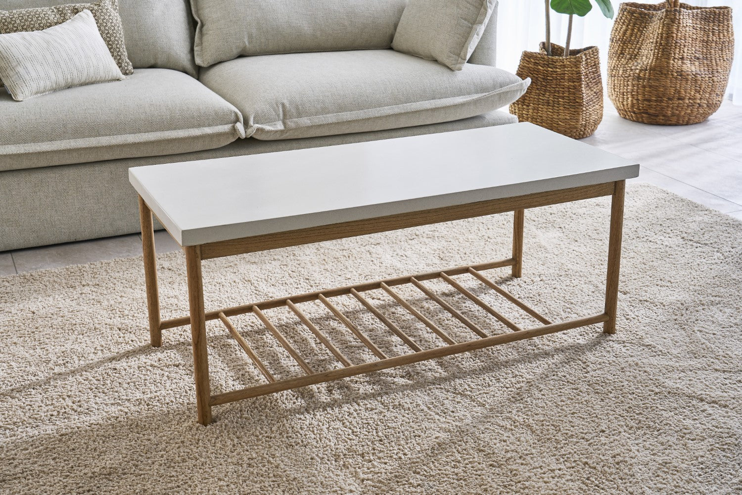 White Rectangular Coffee Table with Lower Rack in Smooth Finish