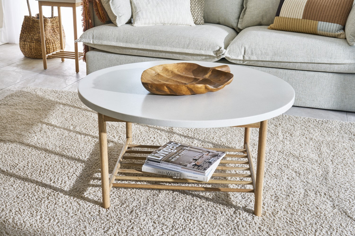 White Round Coffee Table with Lower Rack in Smooth Finish