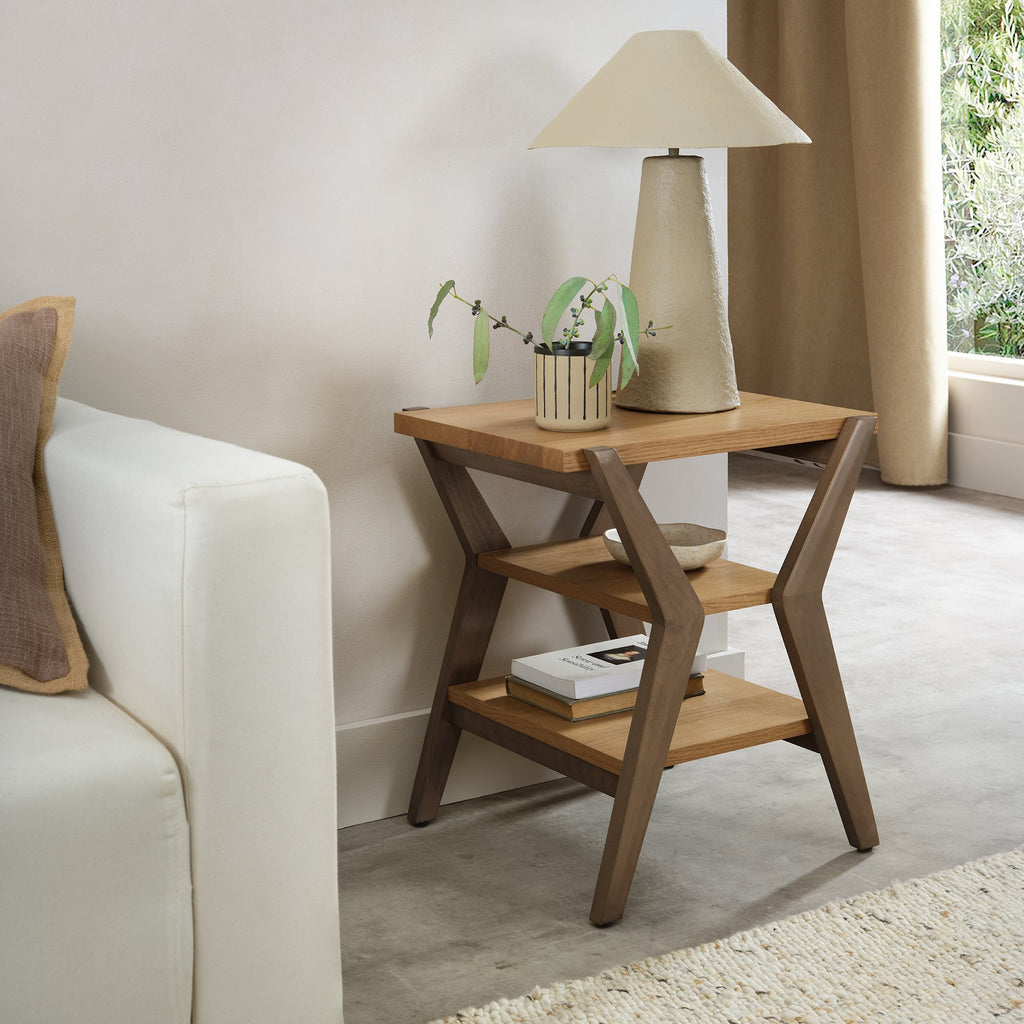 Light Weathered Oak Lamp Table with 2 Shelves