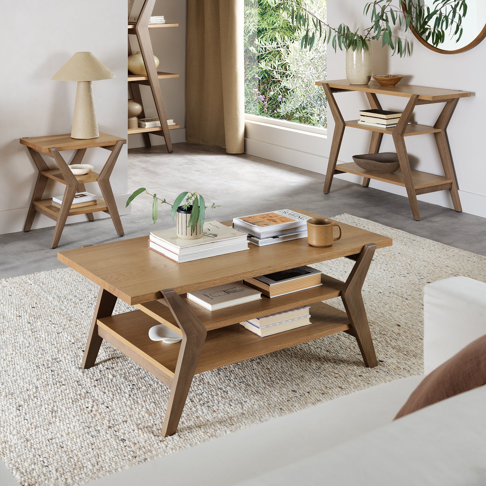 Light Weathered Oak Lamp Table with 2 Shelves - Home Furniture Interiors