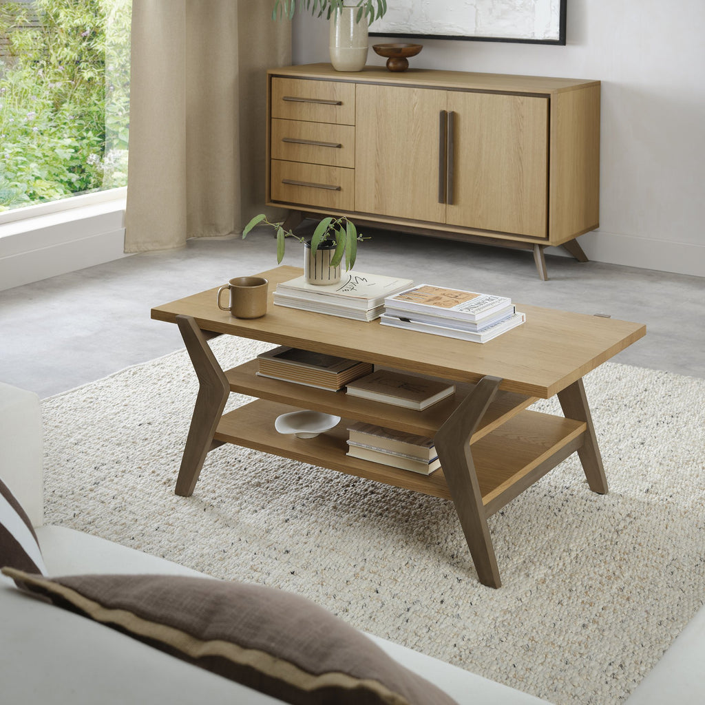Natural Oak Low Coffee Table with 2 Shelves