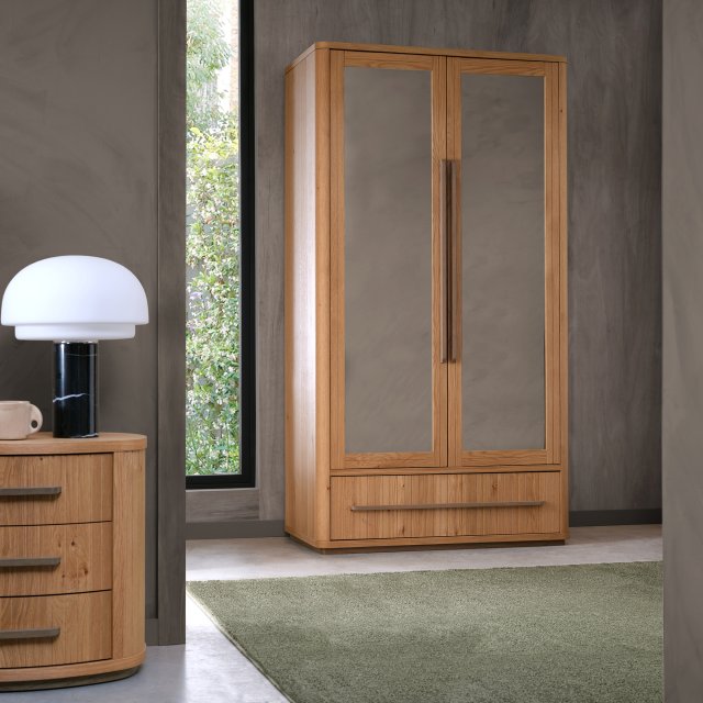 Weathered Oak 2 Door Double Wardrobe Centre Mirror 1 Drawer