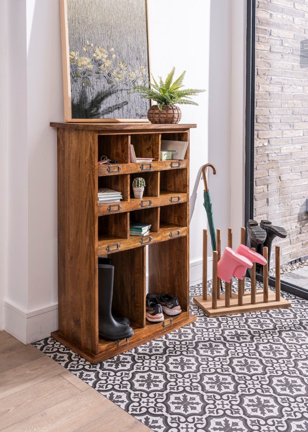 Modern Solid Wood Shoe Cabinet with Multiple Open Storage