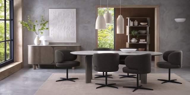 Brown Boucle Fabric Curve Back Swivel Dining Chair - Home Furniture Interiors