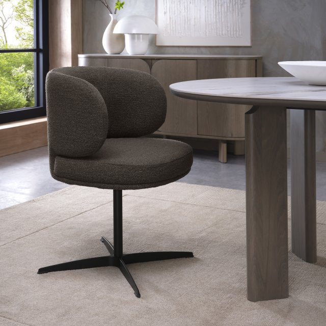 Brown Boucle Fabric Curve Back Swivel Dining Chair
