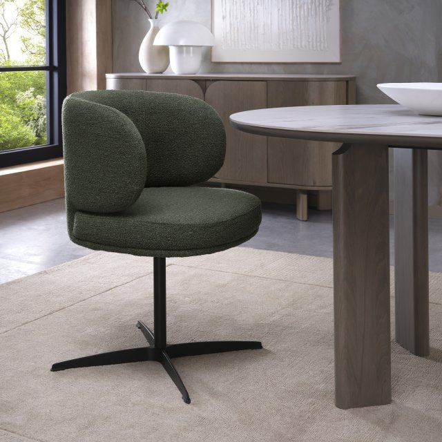 Green Boucle Fabric Curved Back Swivel Dining Chair