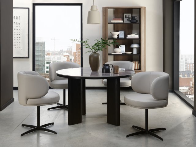 Light Grey Leather Effect Curved Back Swivel Dining Chair - Home Furniture Interiors