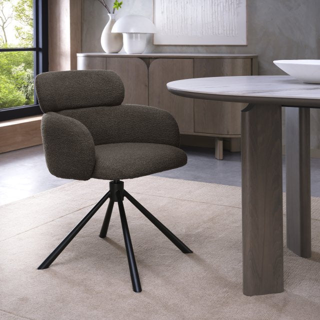 Brown Boucle Fabric Swivel Dining Chair with Black Legs