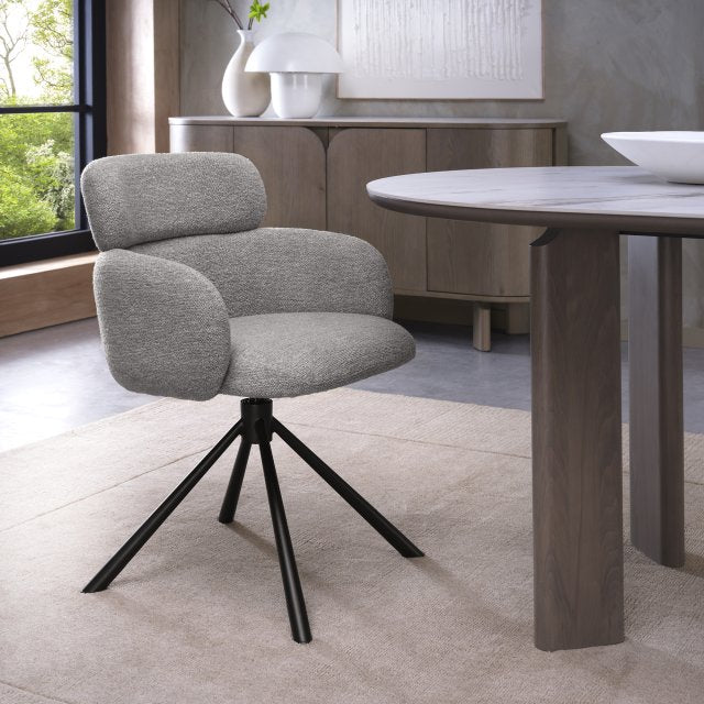 Grey Boucle Fabric Swivel Dining Chair Black Legs