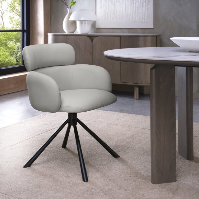 Light Grey Leather Effect Swivel Dining Chair Black Legs