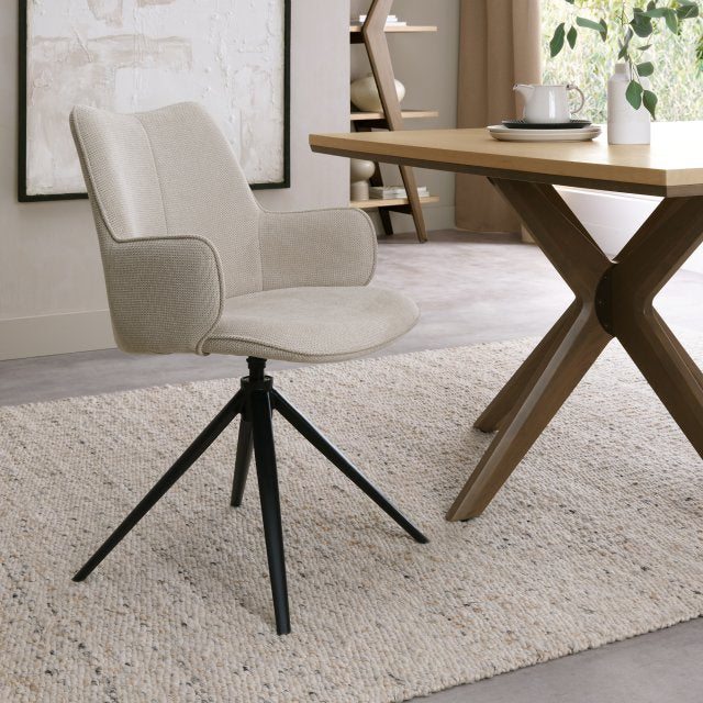 Beige Fabric Swivel Dining Chair Black Legs