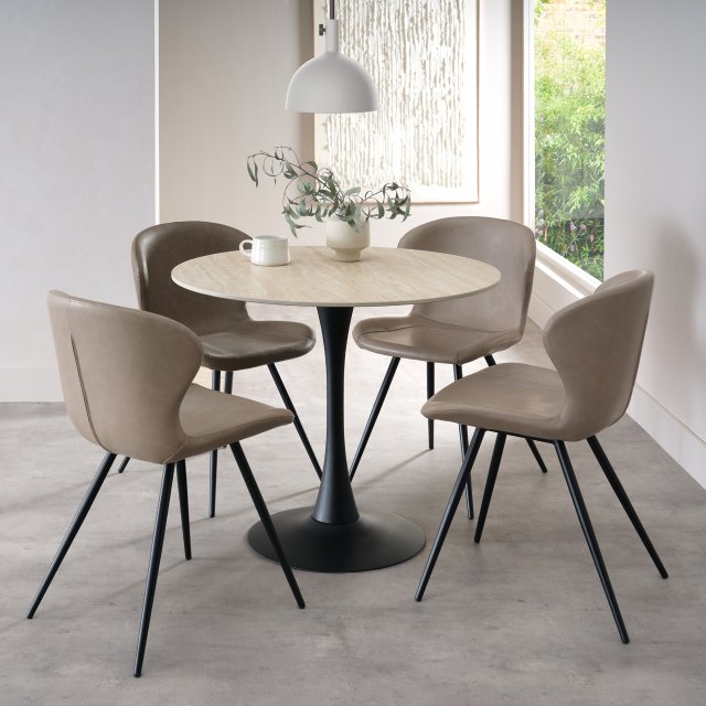 Beige Marble Effect Circular Bistro Table Black Base