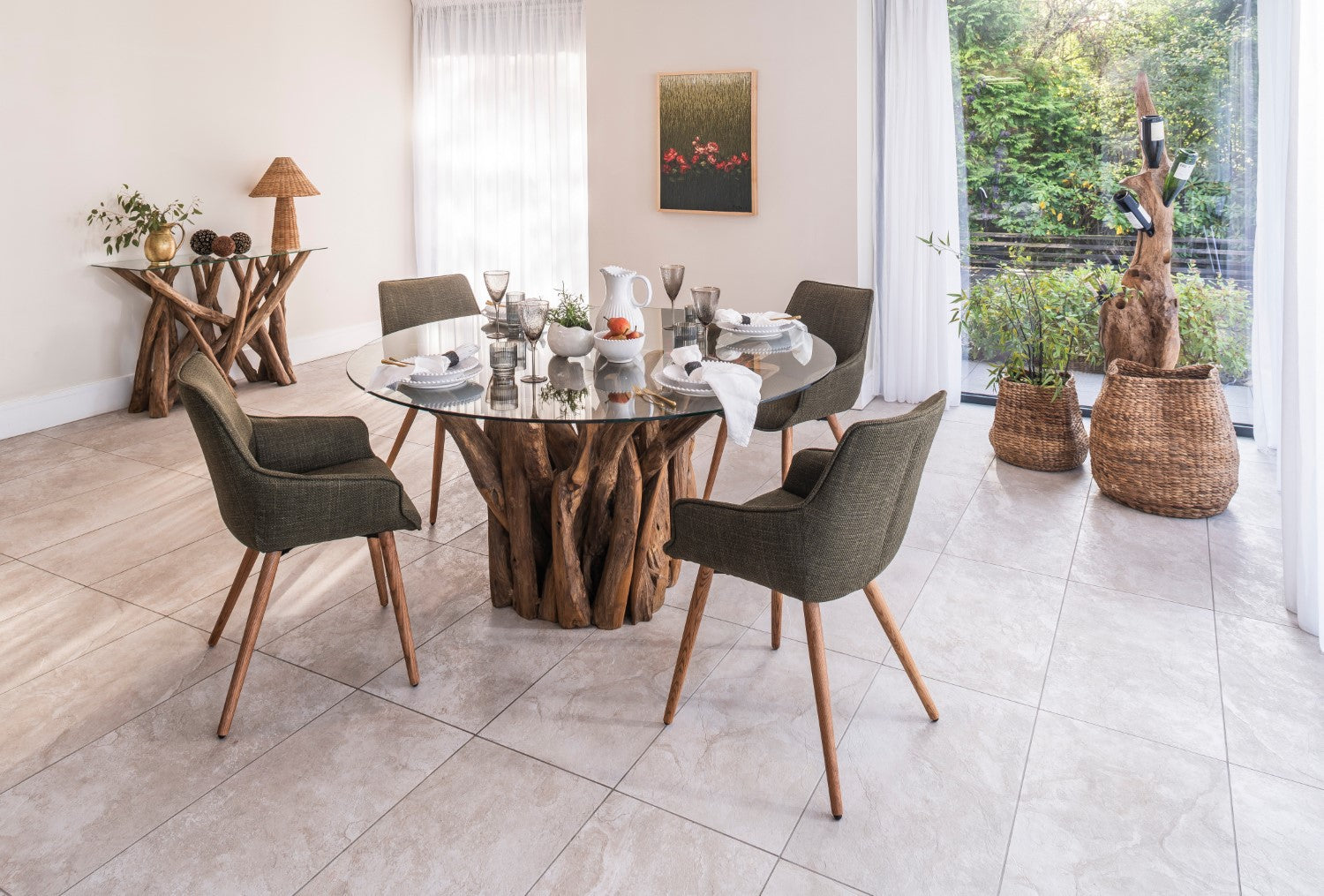 Brown Teak Branchwood Round Glass Top 4 Seater Dining Table