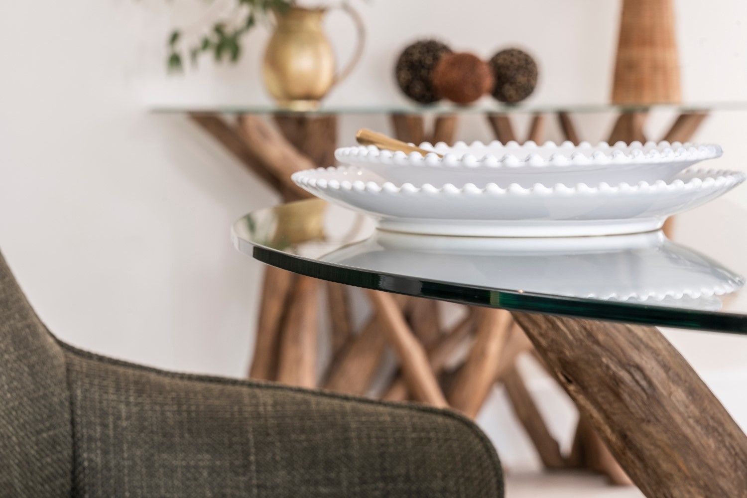 Brown Teak Branchwood Round Glass Top 4 Seater Dining Table