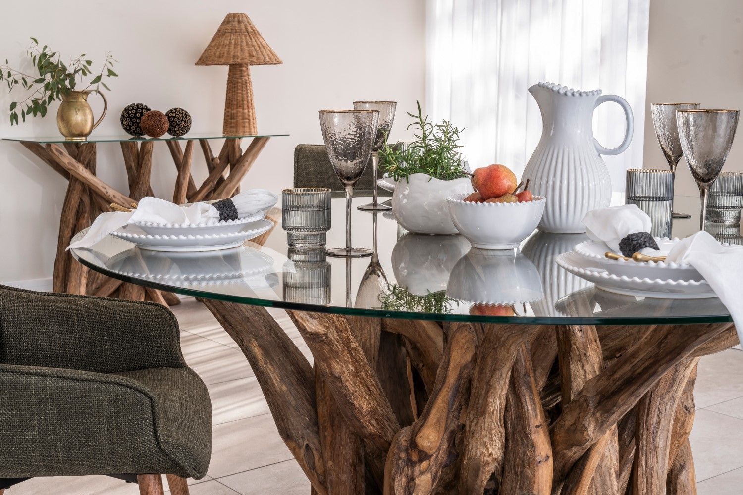 Brown Teak Branchwood Round Glass Top 4 Seater Dining Table