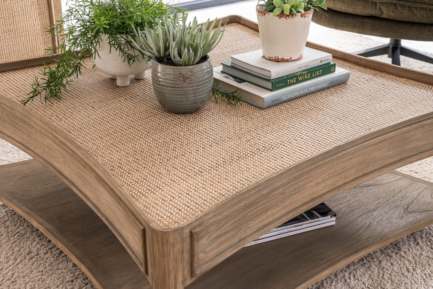Rustic Style Oak Rattan Top Square Coffee Table with Shelf