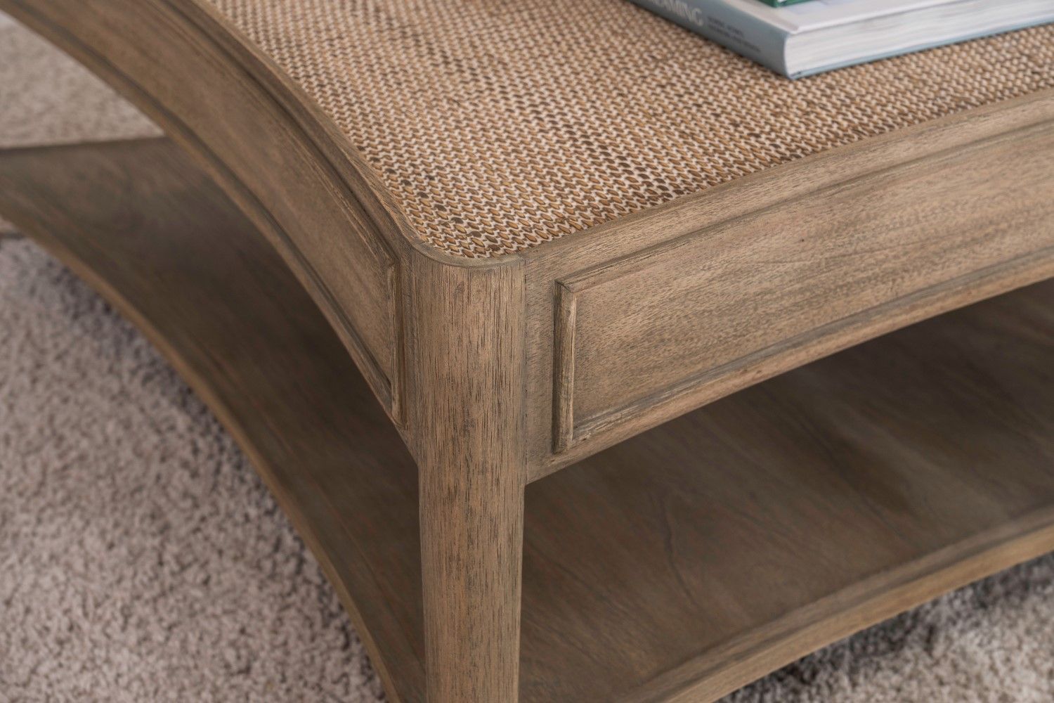 Rustic Style Oak Rattan Top Square Coffee Table with Shelf