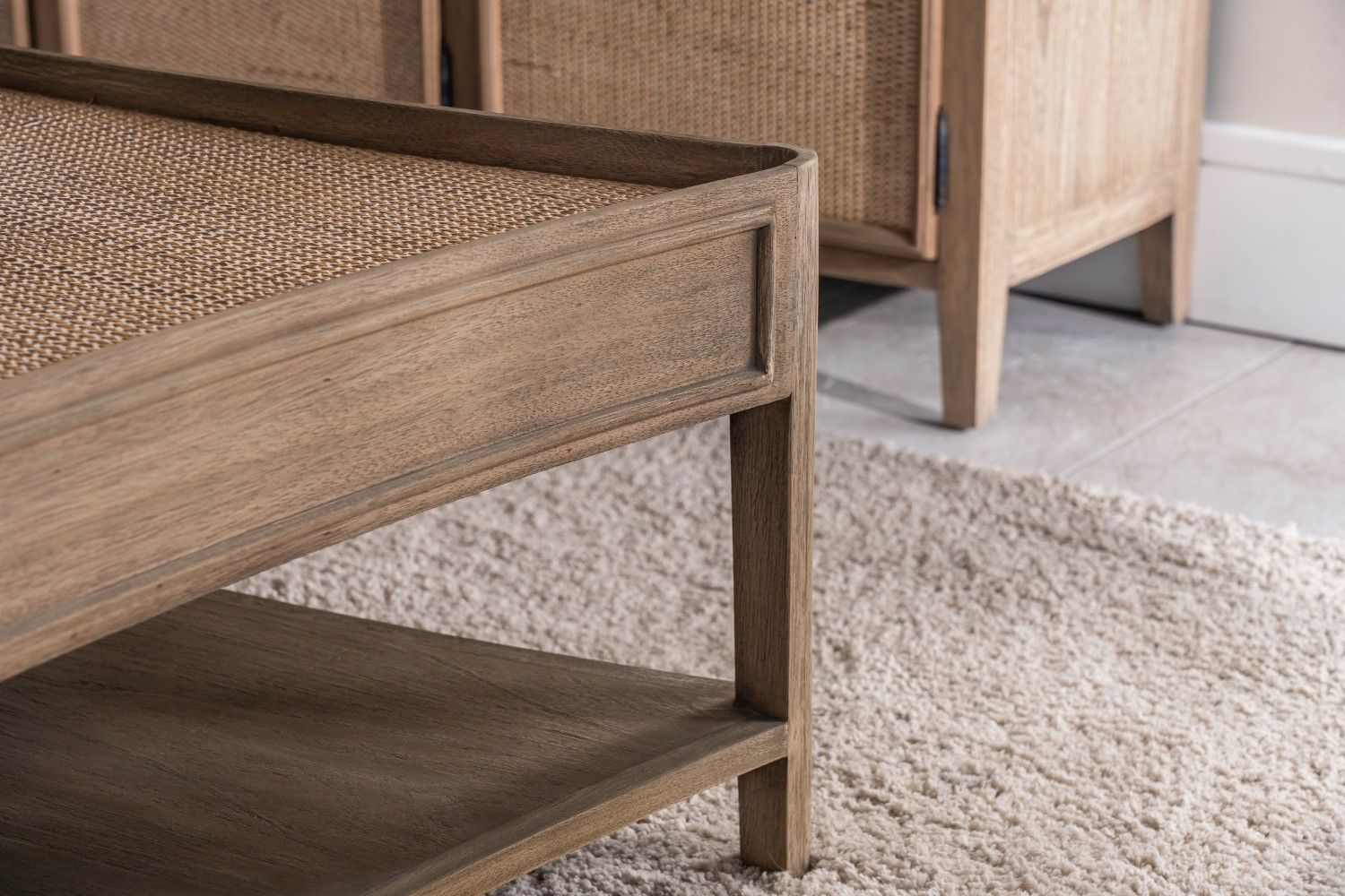 Rustic Style Oak Rattan Top Square Coffee Table with Shelf