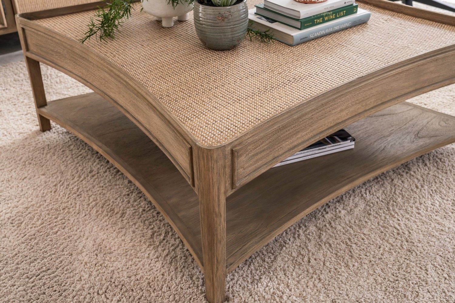 Rustic Style Oak Rattan Top Square Coffee Table with Shelf