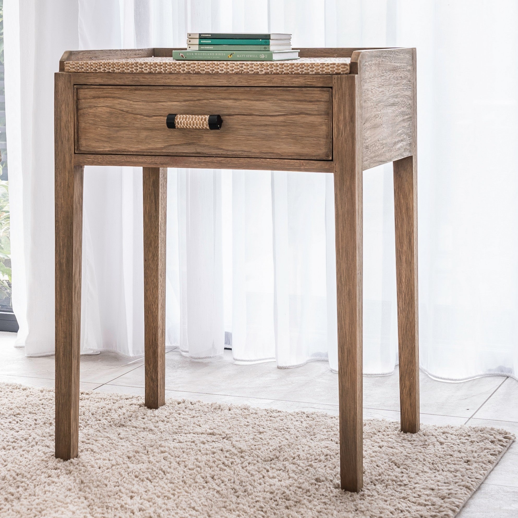 Lille Solid Wood Lamp Table with Raised Tray Top and Storage Drawer