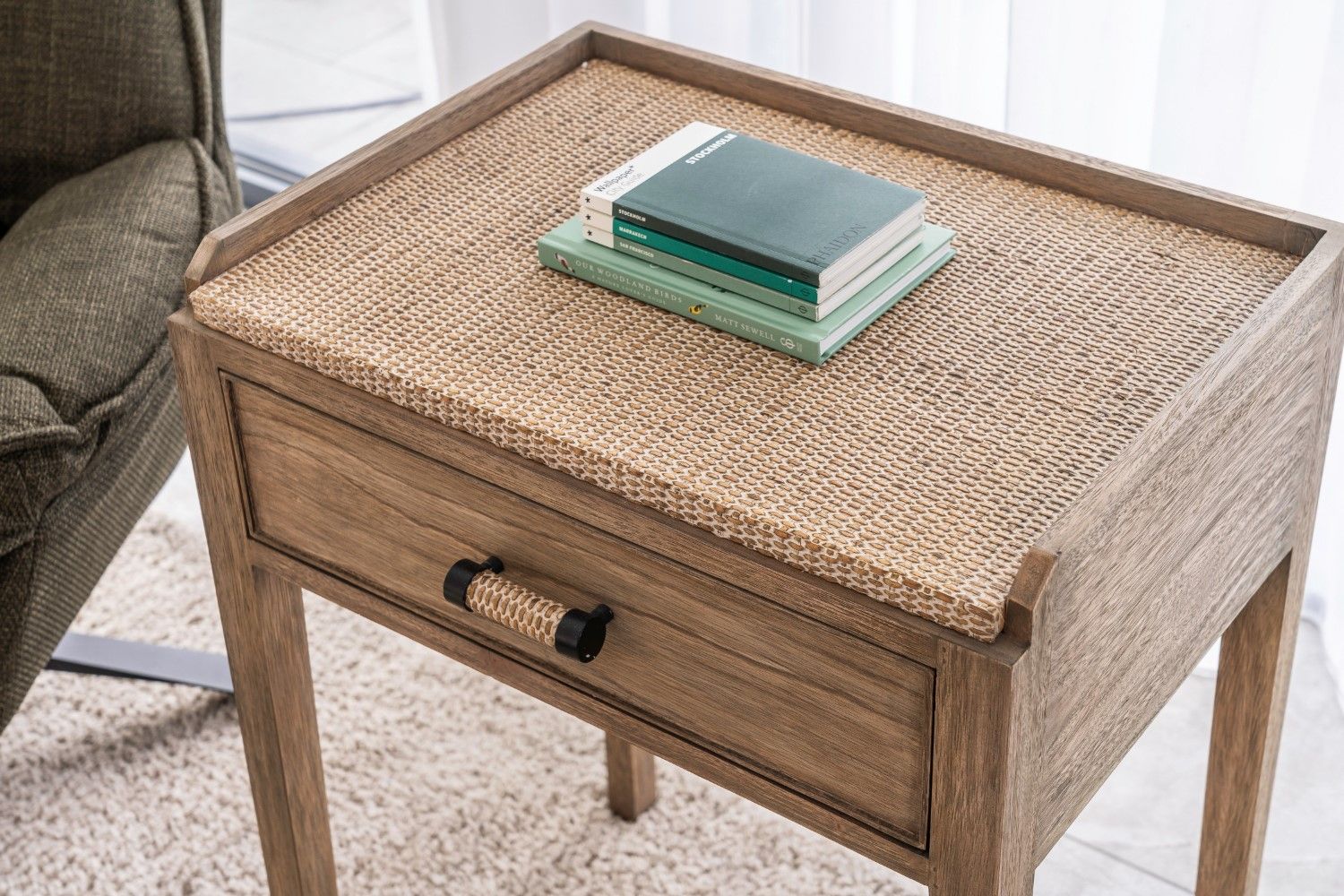 Lille Solid Wood Lamp Table with Raised Tray Top and Storage Drawer