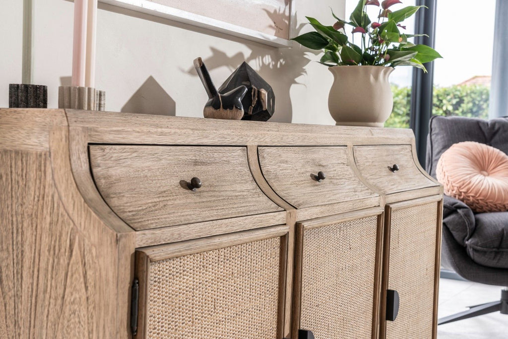 Large Rustic Oak Rattan 3 Door 3 Drawer Sideboard