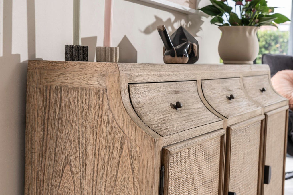 Large Rustic Oak Rattan 3 Door 3 Drawer Sideboard