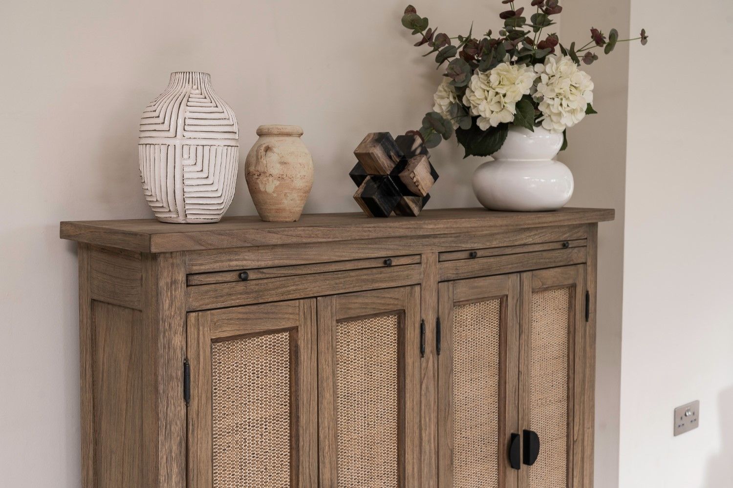 Traditional Solid Oak Large 2 Rattan Front Door Storage Cabinet