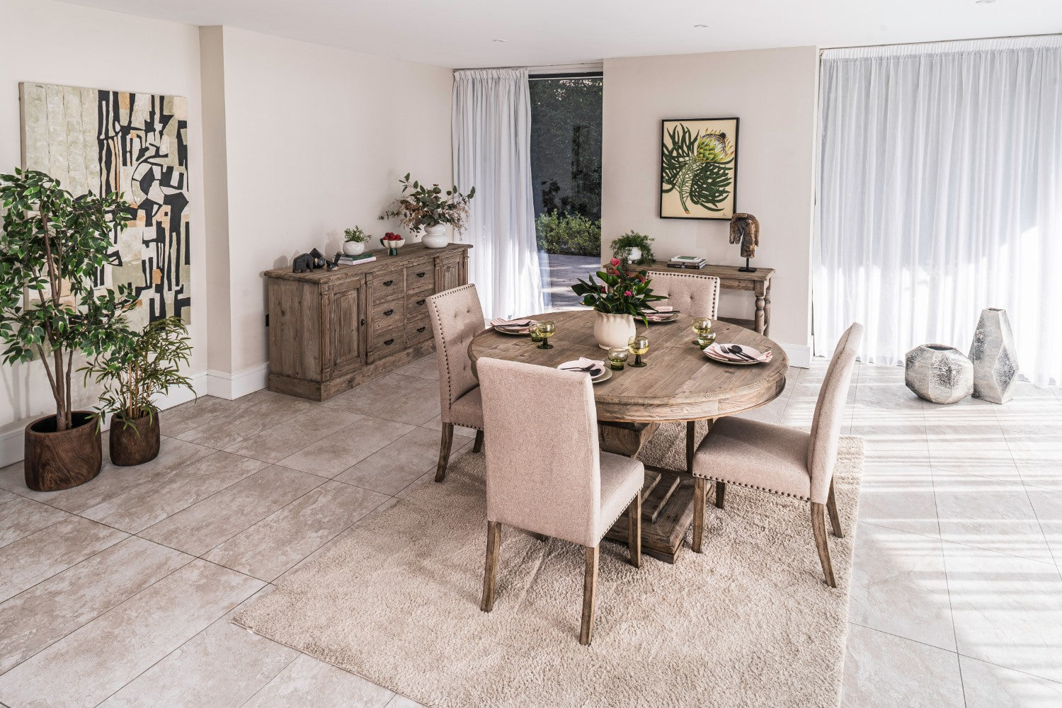 Modern Weathered Reclaimed Wood 4 Seater Round Dining Table 150cm