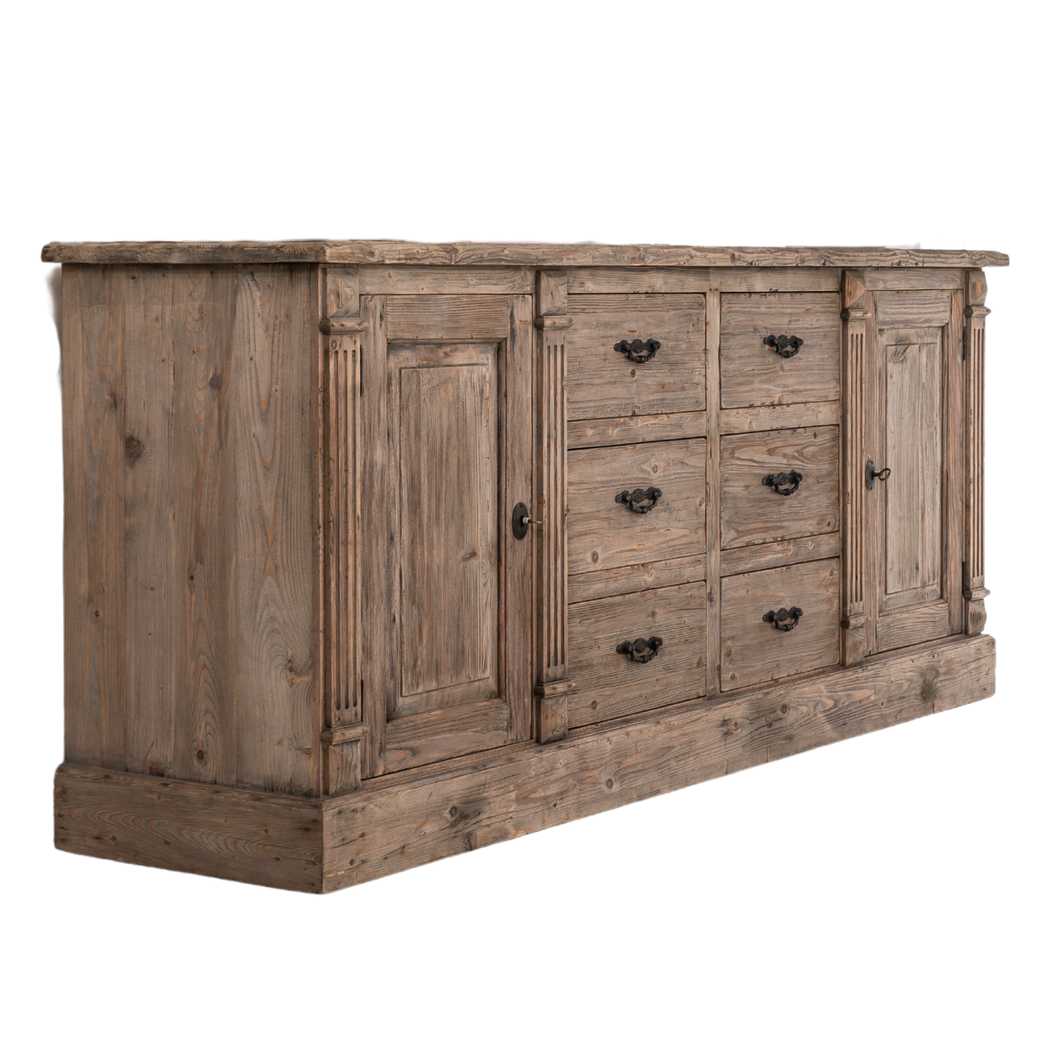 Rustic Grey Reclaimed Wood 6 Drawer Sideboard with 2 Storage Cabinets