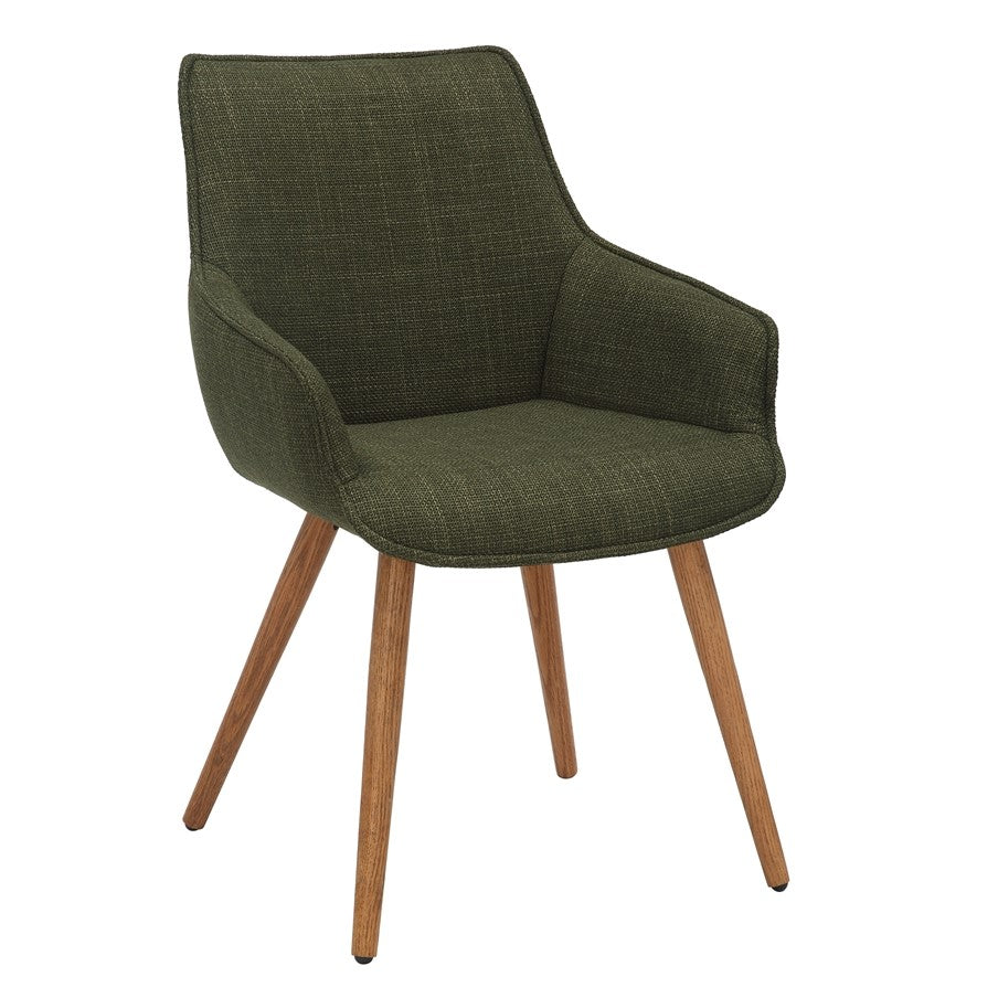 Green Twill Fabric Dining Chairs with Oak Finish Legs in Pair