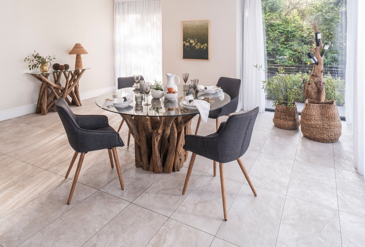 Grey Twill Fabric Dining Chairs with Oak Finish Legs in Pair