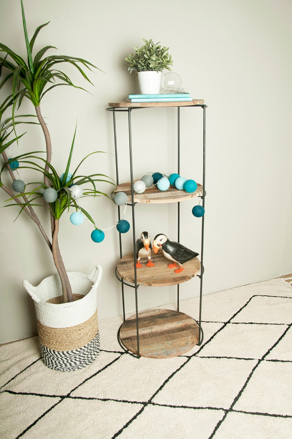 Modern Round Recycled Boatwood 4 Shelves Display Rack with Steel Frame