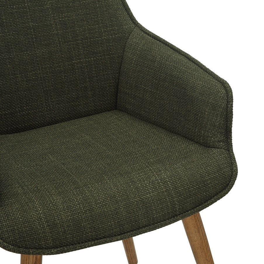 Green Twill Fabric Dining Chairs with Oak Finish Legs in Pair