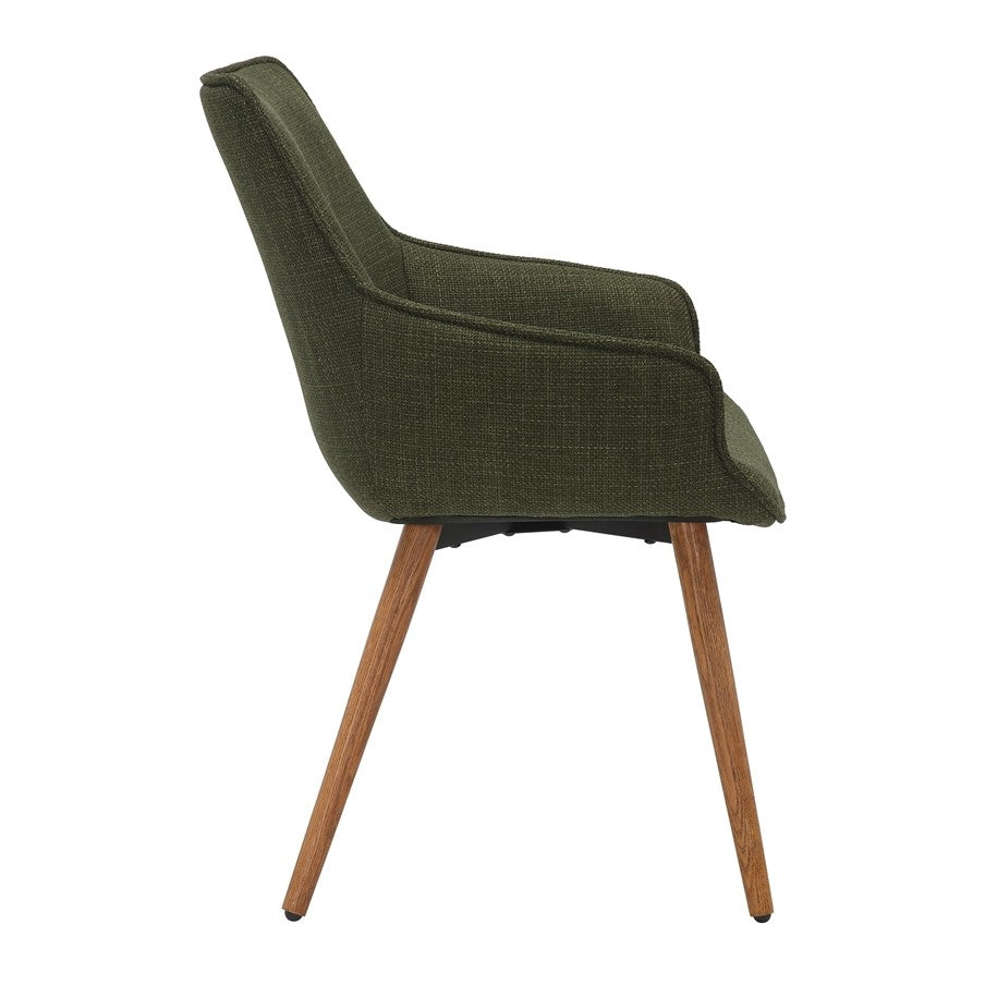 Green Twill Fabric Dining Chairs with Oak Finish Legs in Pair