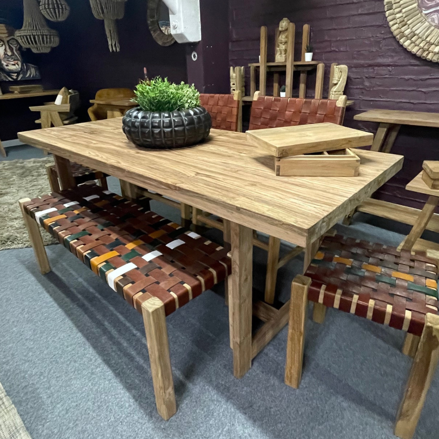 Artisan Frame Solid Wood Bench Style 6 Seater Rectangular Dining Table