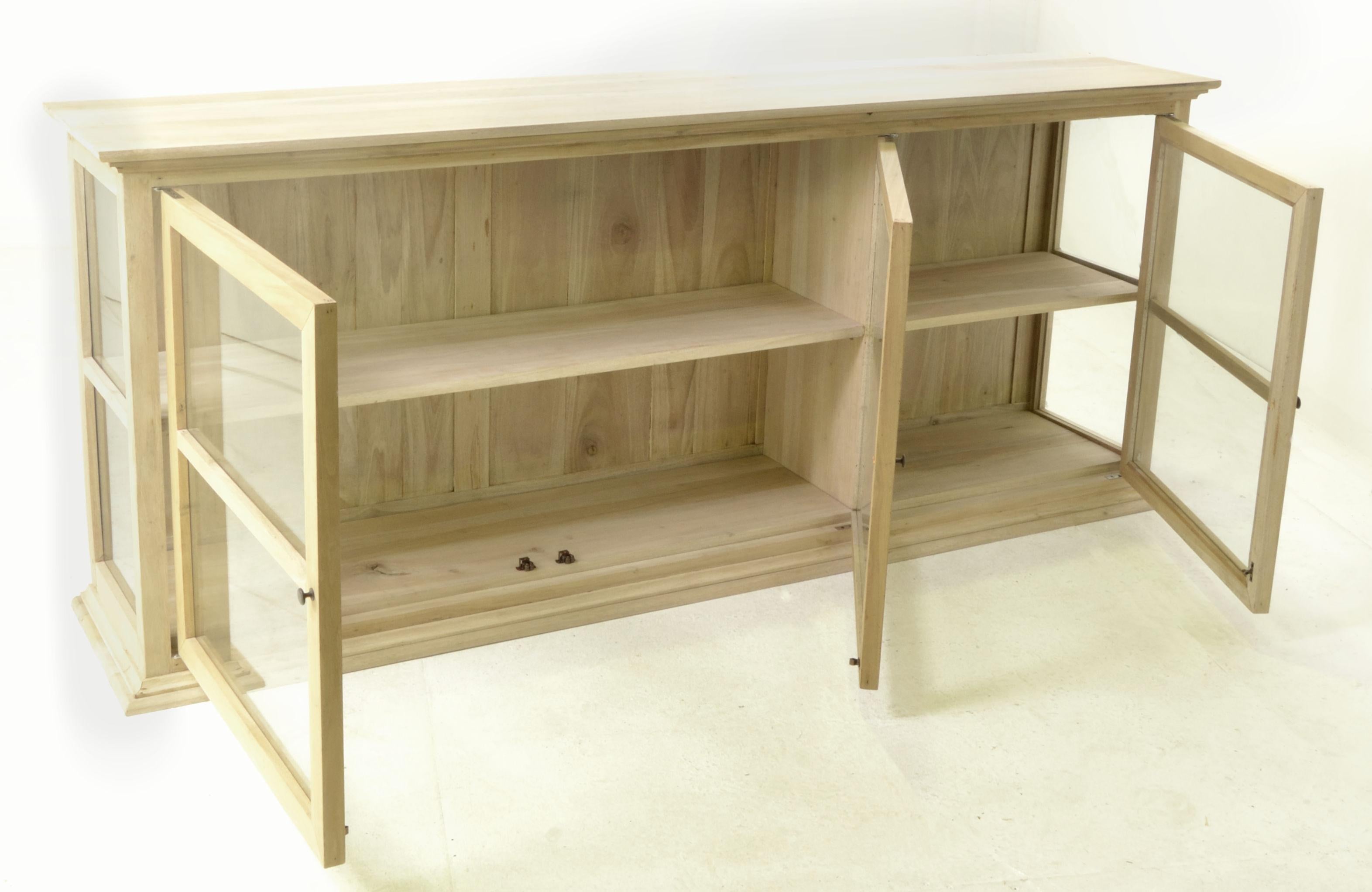 Vintage Style Natural Mango Wood 3 Door Glass Display Storage Cabinet