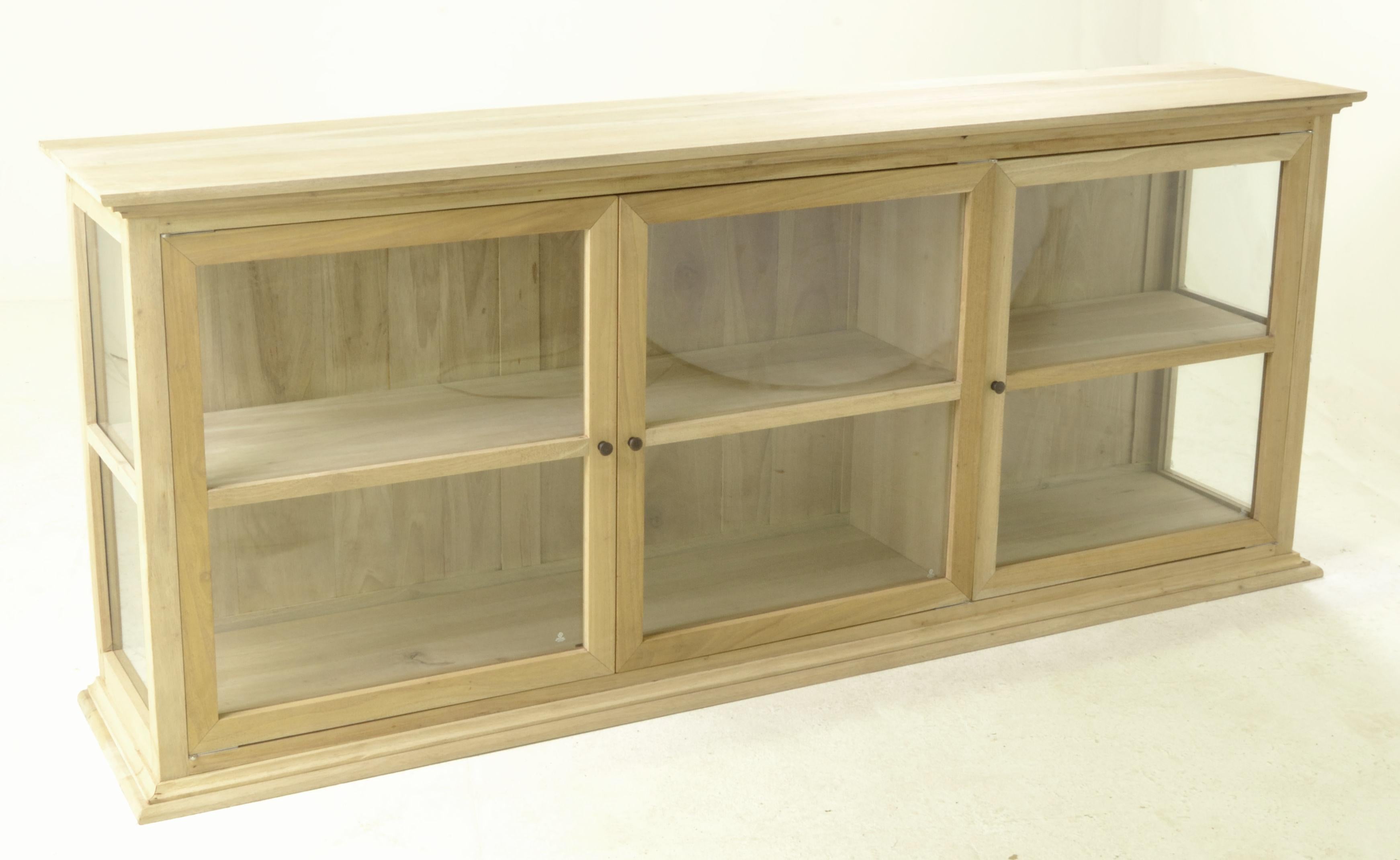 Vintage Style Natural Mango Wood 3 Door Glass Display Storage Cabinet