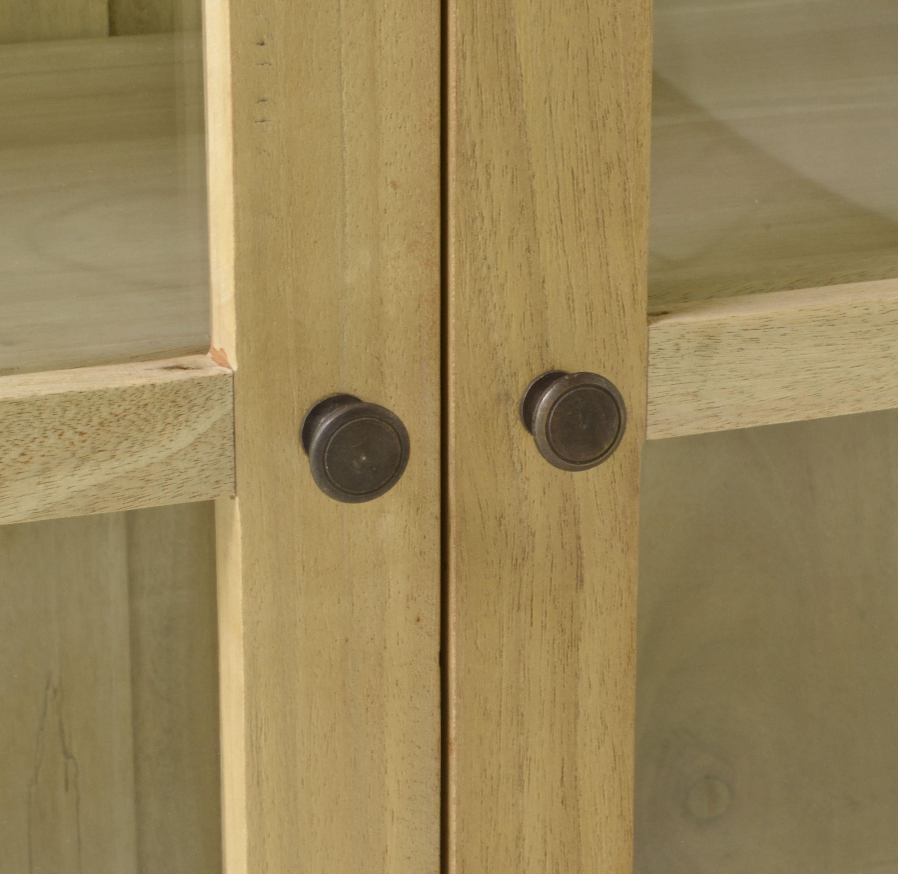 Vintage Style Natural Mango Wood 3 Door Glass Display Storage Cabinet