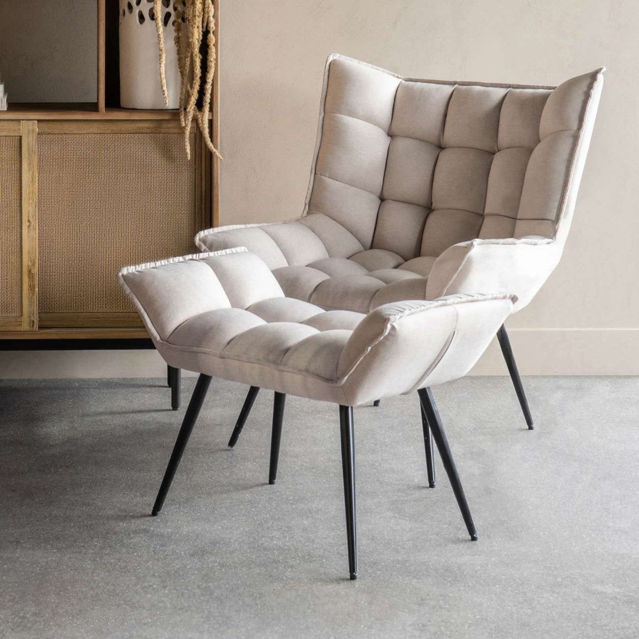 Retro Cream Linen Upholstered Lounge Chair with Matching Footstool