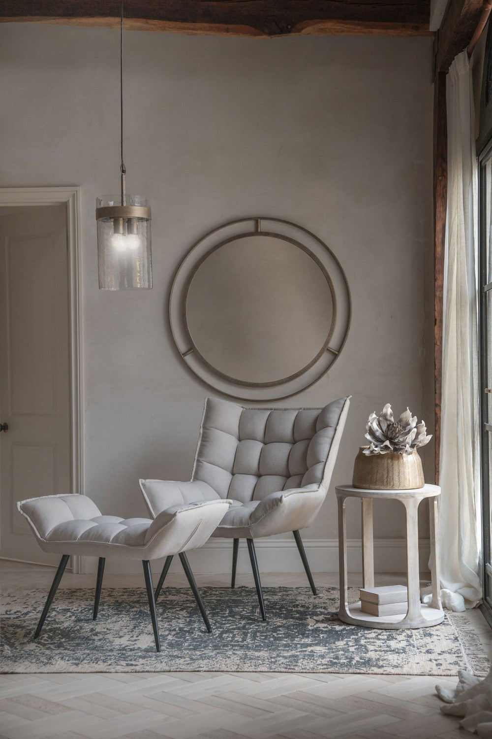 Retro Cream Linen Upholstered Lounge Chair with Matching Footstool