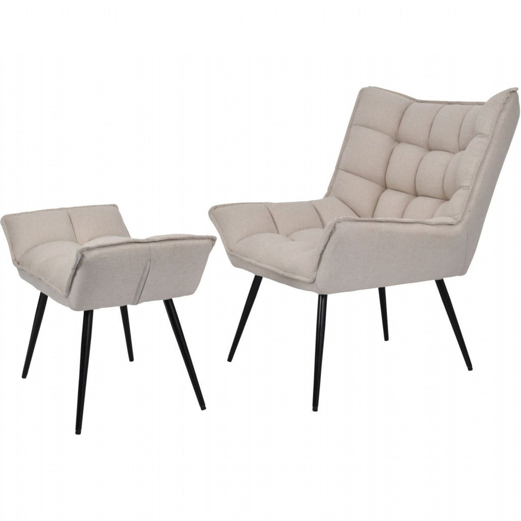 Retro Cream Linen Upholstered Lounge Chair with Matching Footstool