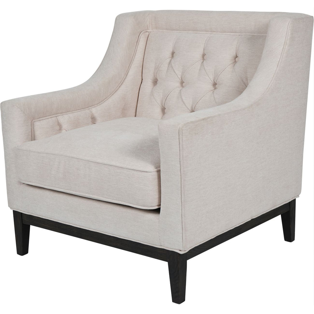 Cream and Ivory Fabric Buttoned Lounge Armchair with Brown Wooden Frame