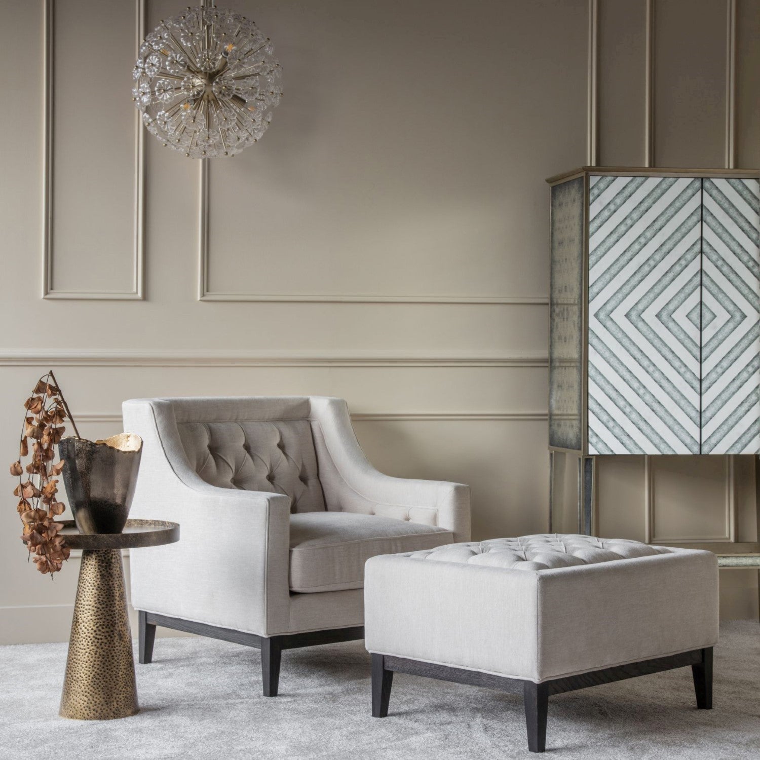 Cream and Ivory Fabric Buttoned Lounge Armchair with Brown Wooden Frame