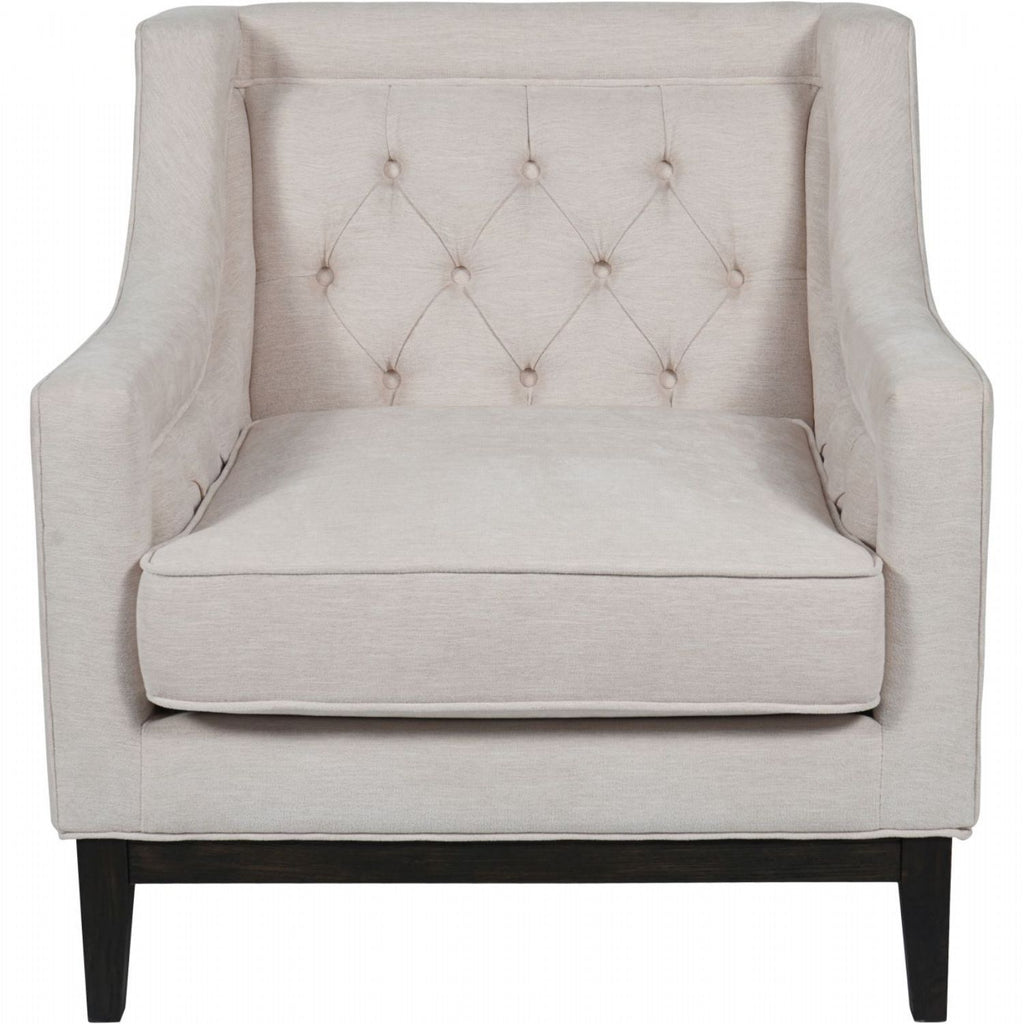 Cream and Ivory Fabric Buttoned Lounge Armchair with Brown Wooden Frame