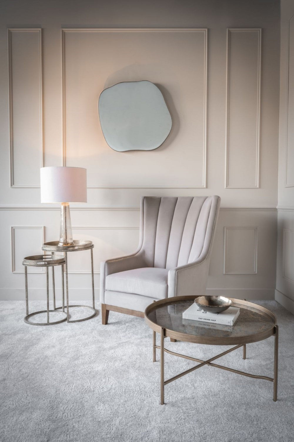 Taupe Fabric Upholstered Accent Chair with Ribbed Back and Wooden Legs