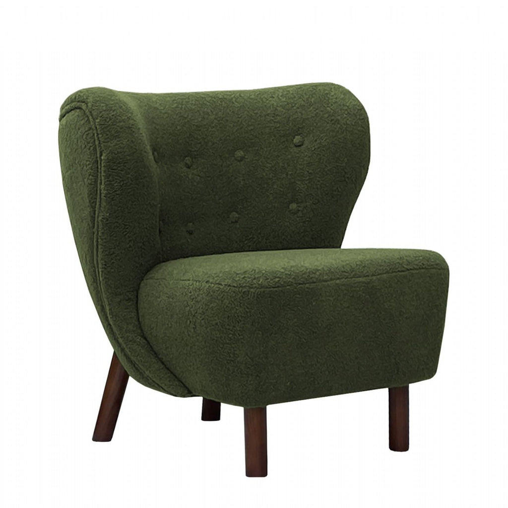 Green Boucle Upholstered Wingback Accent Chair with Brown Wooden Frame