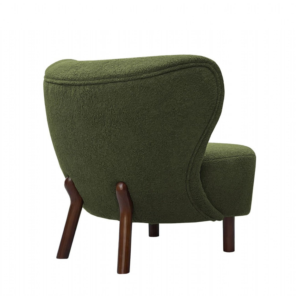 Green Boucle Upholstered Wingback Accent Chair with Brown Wooden Frame