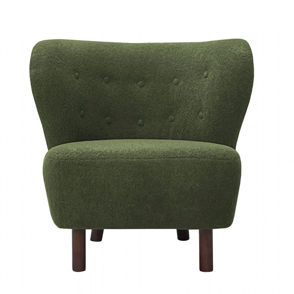 Green Boucle Upholstered Wingback Accent Chair with Brown Wooden Frame